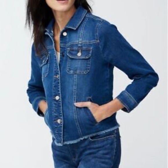 Chico's Jackets & Blazers - Chico's Jean Jacket Perfect stretch distressed hem Dark Blue comfortable coat LG